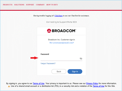 Broadcom Forgot Password screen showing the email address field and CAPTCHA