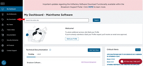 Broadcom support portal showing the My Downloads option highlighted in the left sidebar menu