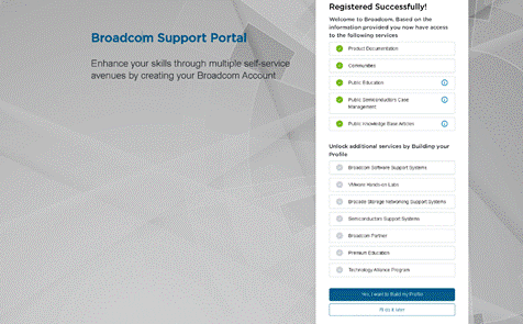 Broadcom profile setup screen showing the option to skip profile completion with an I'll do it later button at the bottom