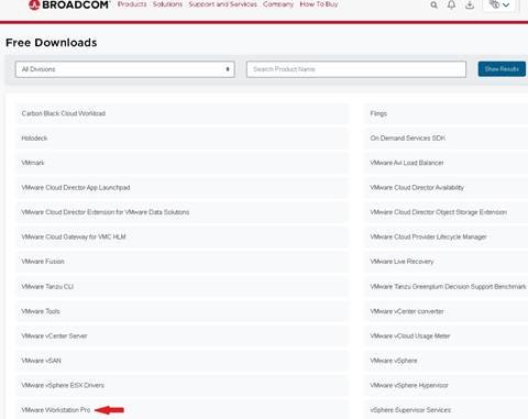 Free Downloads page with VMware Workstation Pro listed at the bottom of the available downloads