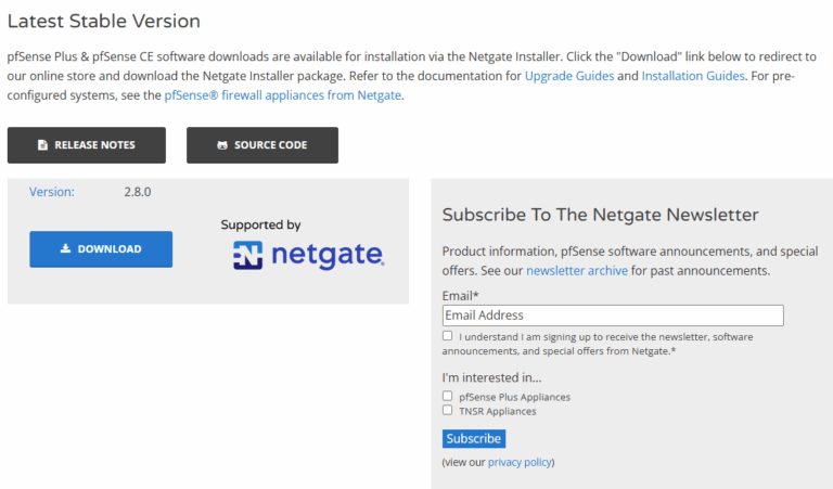 pfSense download page showing the Download button that directs you to the Netgate Installer