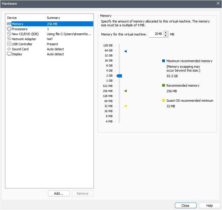 VMware Hardware settings Memory panel with RAM set to 2048 MB