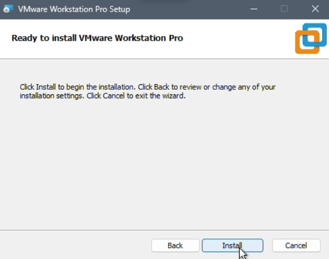 VMware Ready to Install screen showing configuration summary before installation begins