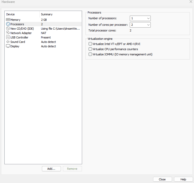 VMware Hardware settings Processors panel with 1 processor and 2 cores per processor configured