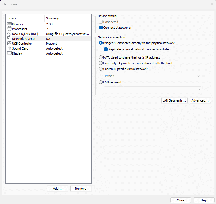 VMware Hardware settings Network Adapter panel showing Bridged network connection selected with Replicate physical network connection state checked
