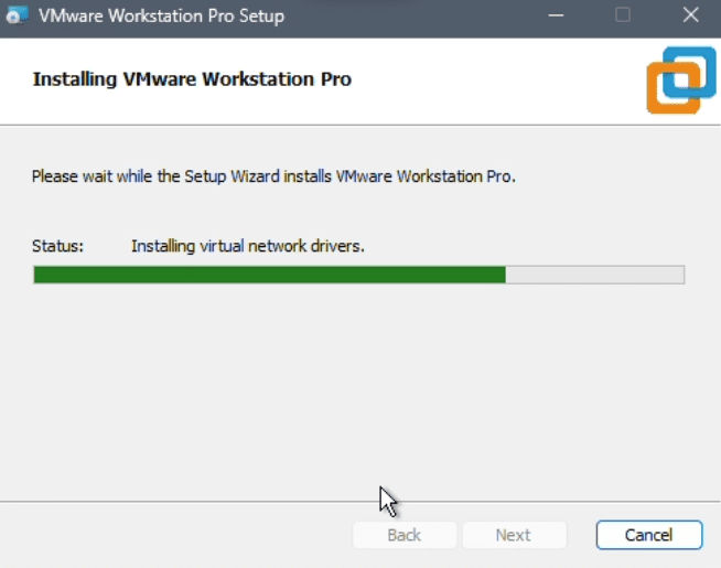 VMware installation progress bar screen during file copy and driver installation