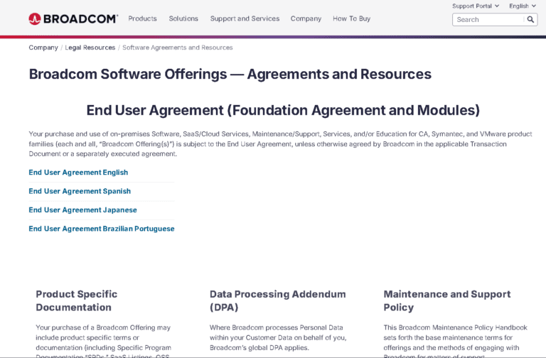 Broadcom End User License Agreement page showing the full terms text that must be scrolled to the bottom to activate the acceptance checkbox