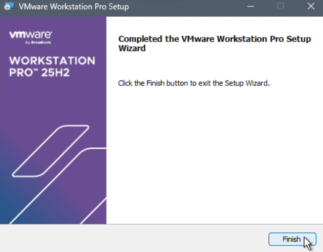 VMware setup completion screen with Finish button