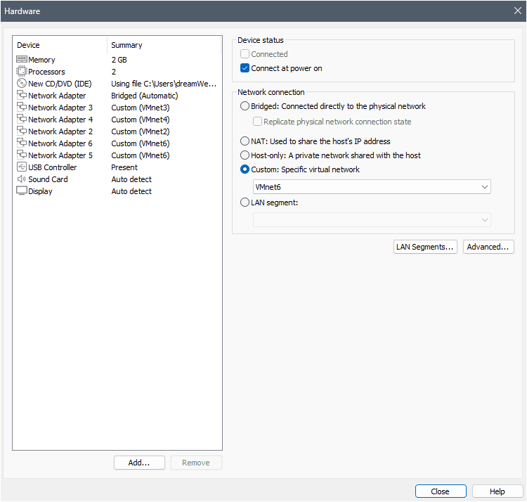 VMware Hardware settings showing all 6 network adapters configured with their respective VMnet assignments in the left panel