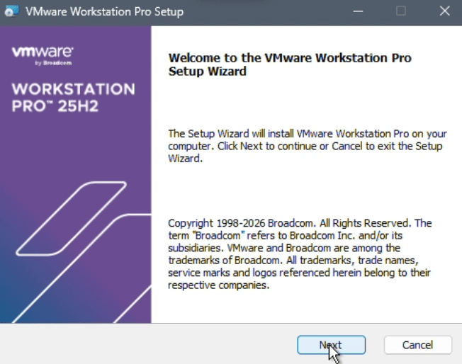 VMware Workstation Pro setup wizard Welcome screen