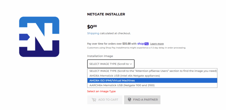 Netgate Installer download page showing the Installation Image dropdown with AMD64 ISO IPMI/Virtual Machines selected