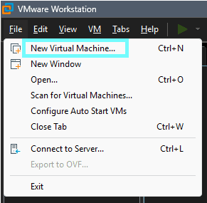 VMware Workstation home screen showing the File menu location for creating a new virtual machine