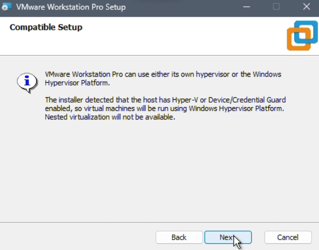VMware Compatible Setup screen showing hypervisor detection message