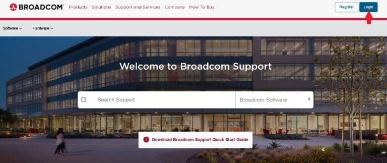 Broadcom support login screen with username and password fields