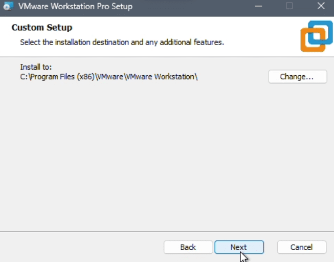 VMware Custom Setup screen showing installation location field
