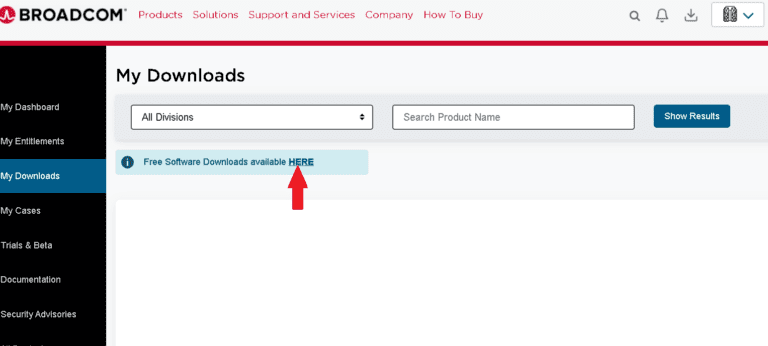 Broadcom My Downloads page showing the Free Downloads Available Here message with the HERE link highlighted
