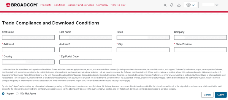 Broadcom address verification form with fields for name and address and a Submit button