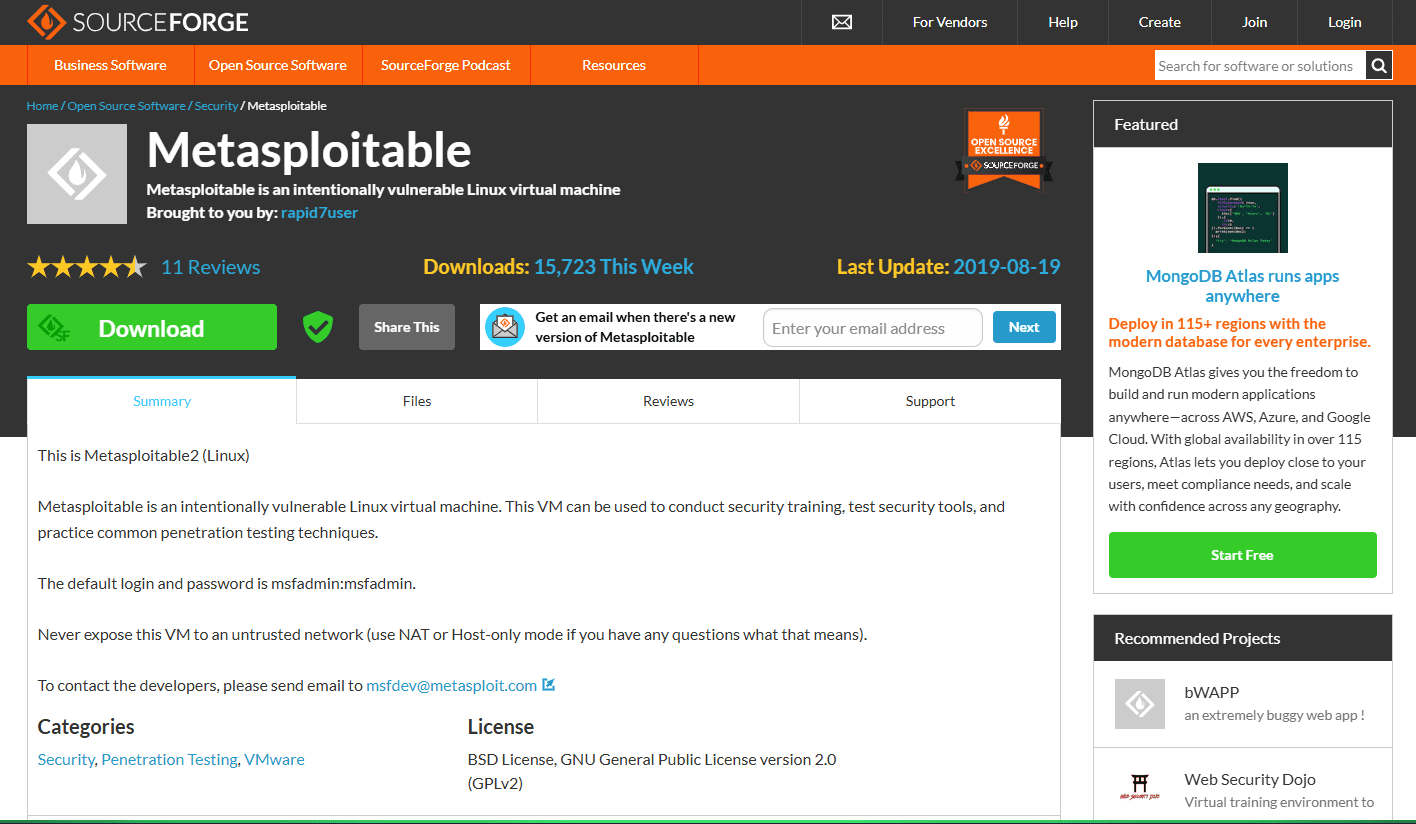 SourceForge download page for Metasploitable2 showing the project description and the Download button