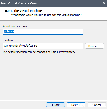 VMware wizard Name the Virtual Machine screen with the VM name set to pfSense and a storage location selected
