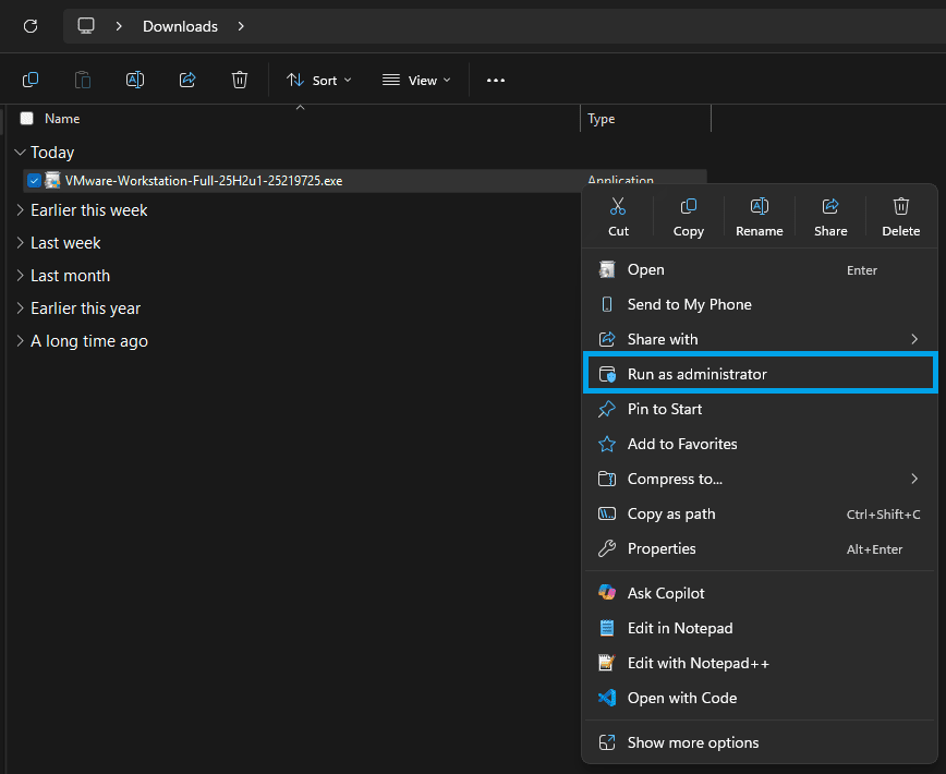 Right-click context menu showing Run as administrator option on the VMware installer
