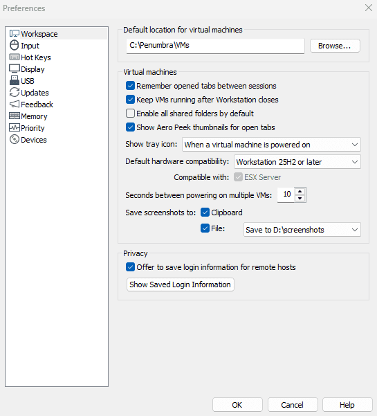 VMware Preferences Workspace tab with default VM storage location field