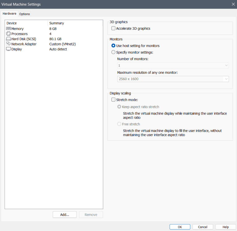 VMware Hardware settings panel for the Kali VM showing the USB Controller and Sound Card selected for removal