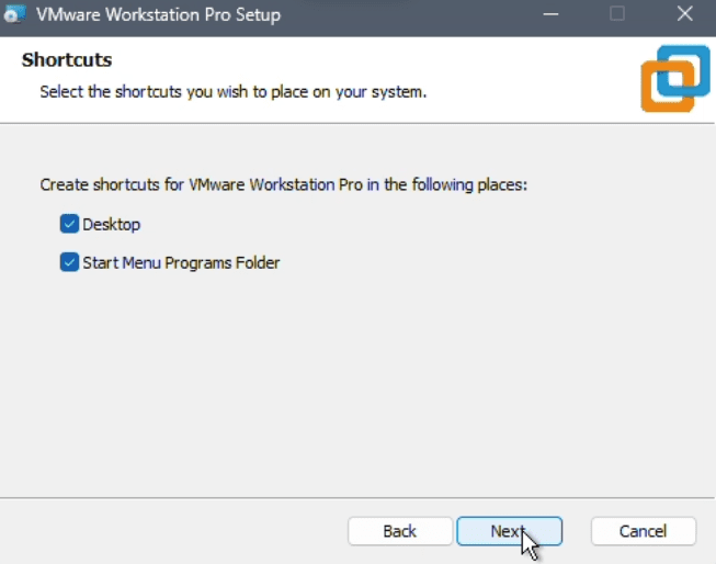 VMware Shortcuts screen with Desktop and Start Menu program folder options