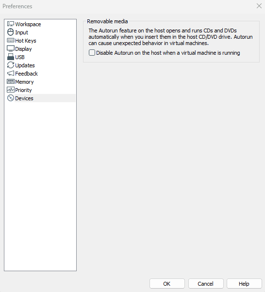 VMware Preferences Devices tab showing Autorun disable option