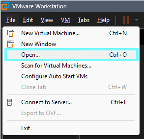 VMware Workstation Pro File menu open showing the Open option for importing an existing virtual machine
