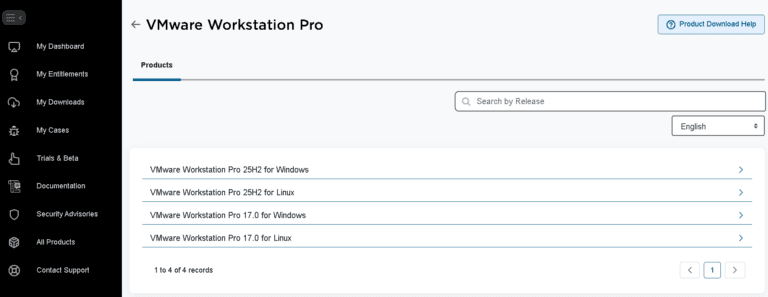 VMware Workstation Pro download page showing the two version options: 25H2 and 17.x