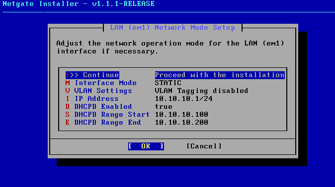 Netgate Installer LAN Network Mode Setup screen showing the completed configuration with IP address 10.10.10.1/24 and DHCP range 10.10.10.100 to 10.10.10.200