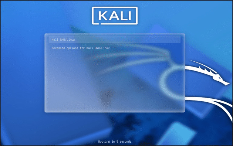 Kali Linux boot menu showing Kali GNU/Linux selected as the default boot option with Advanced options listed below