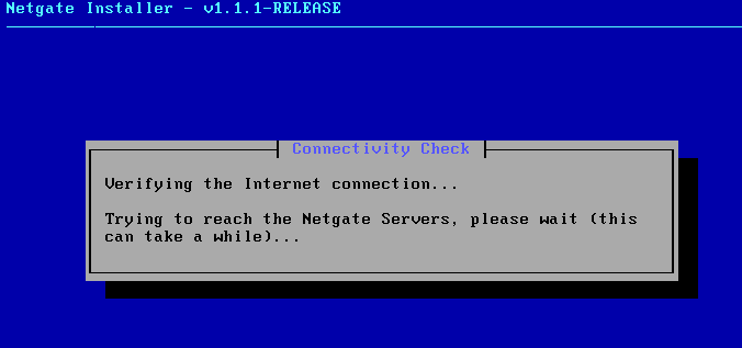 Netgate Installer connectivity check screen showing the installer verifying internet connection to Netgate servers