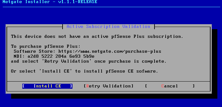 Netgate Installer subscription validation screen showing the pfSense Plus subscription not found message with the Install CE button