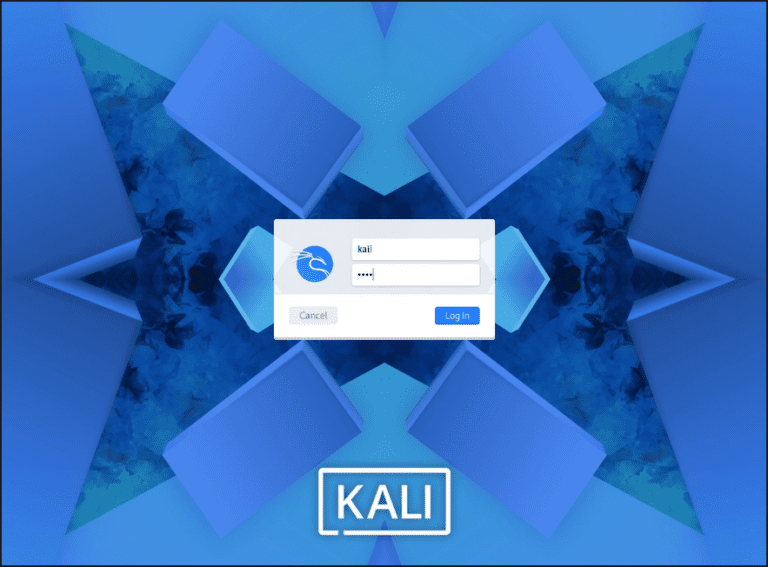 Kali Linux login screen showing the username and password fields with the default kali credentials