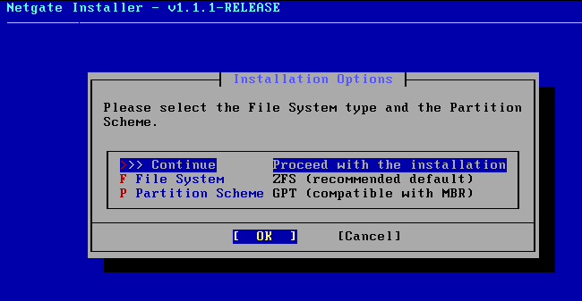Netgate Installer Installation Options screen showing ZFS file system and GPT partition scheme selected