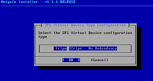Netgate Installer ZFS Virtual Device Type screen with Stripe No Redundancy selected