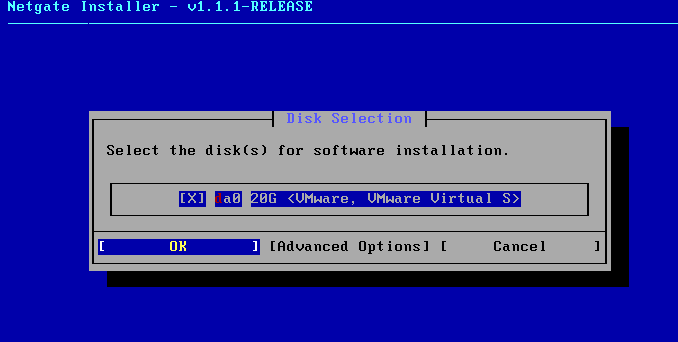Netgate Installer disk selection screen showing the 20GB VMware virtual disk already selected for installation