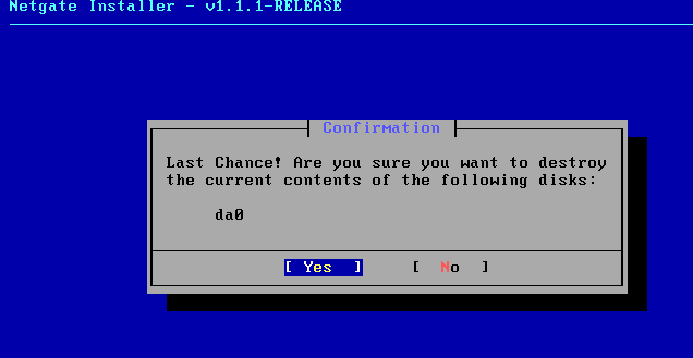 Netgate Installer confirmation prompt warning that the selected disk will be erased before proceeding with installation