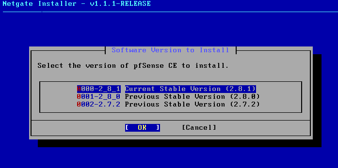 Netgate Installer software version selection screen showing Current Stable Version highlighted