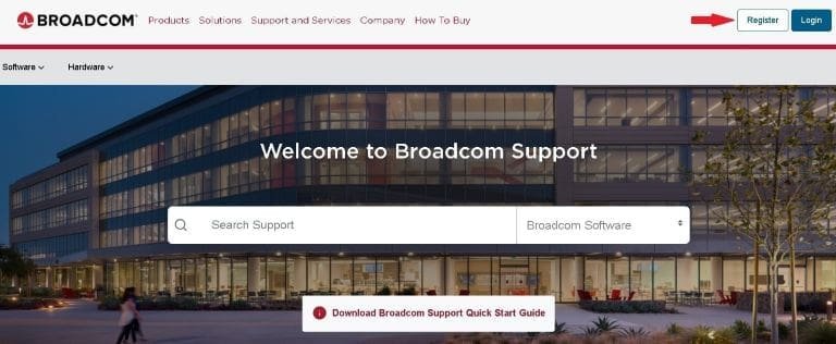 Broadcom Support home page showing the Register button in the top-right corner