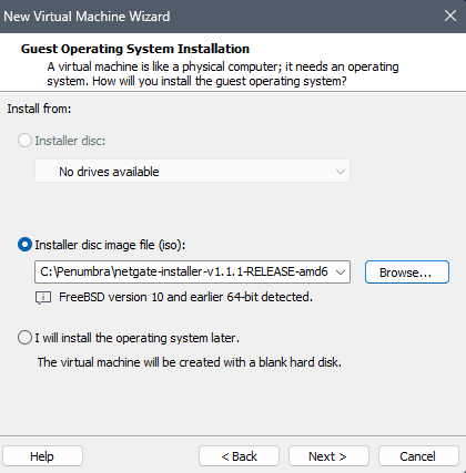 VMware New Virtual Machine wizard showing the Installer disc image file option selected with Browse button to locate the pfSense ISO
