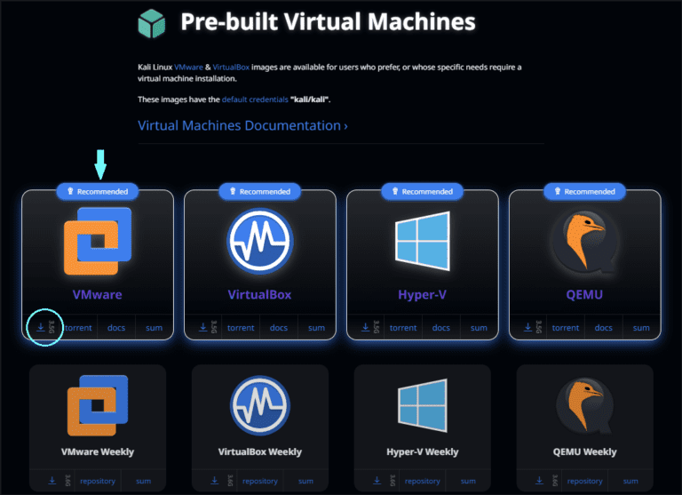 Kali Linux Get Kali download page showing the Virtual Machines section with VMware and VirtualBox options
