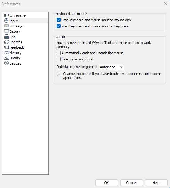 VMware Preferences Input tab showing keyboard and mouse capture settings