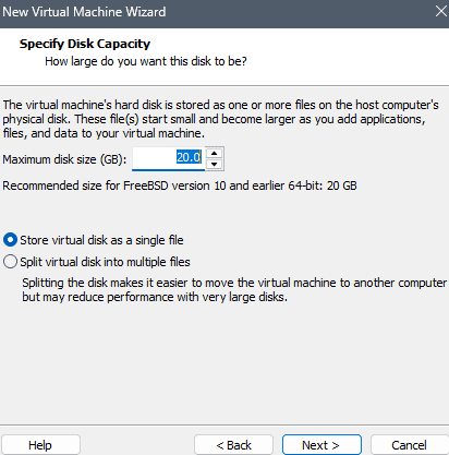 VMware Specify Disk Capacity screen with Maximum disk size set to 20 GB and Store virtual disk as a single file selected