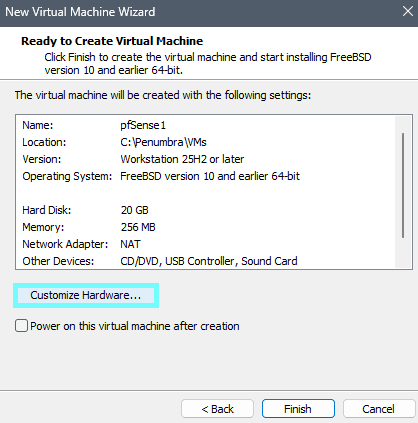 VMware Ready to Create Virtual Machine summary screen with the Customize Hardware button highlighted