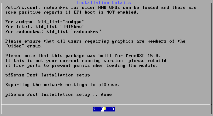 Netgate Installer post-installation setup completion screen with OK button