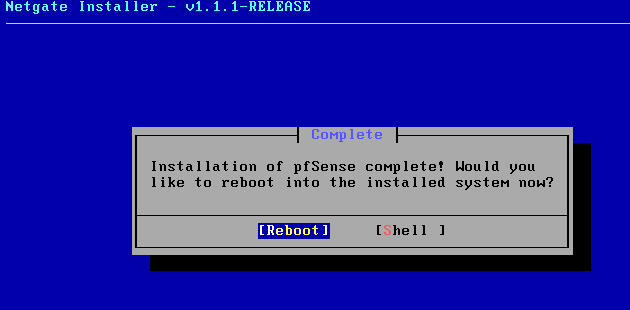 Netgate Installer reboot prompt screen after successful installation with Reboot button highlighted