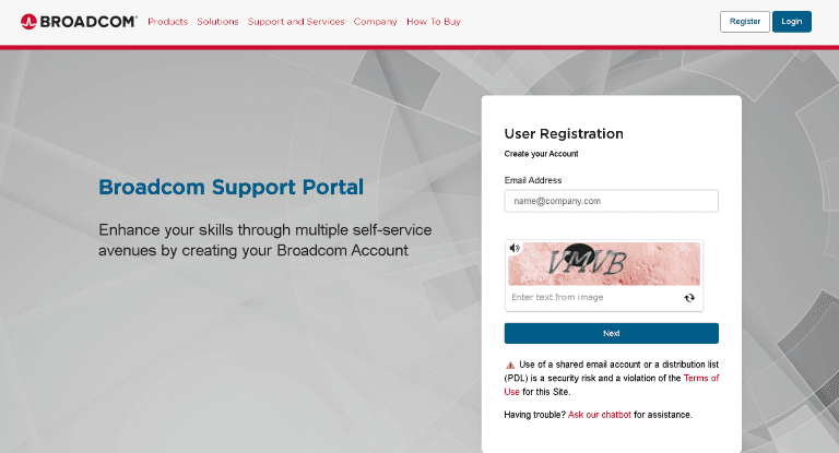 Broadcom registration form prompting for an email address and CAPTCHA