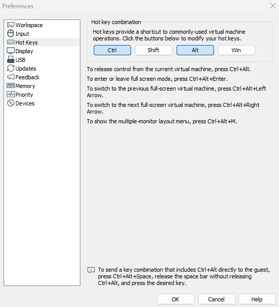 VMware Preferences Hot Keys tab showing default keyboard shortcut assignments